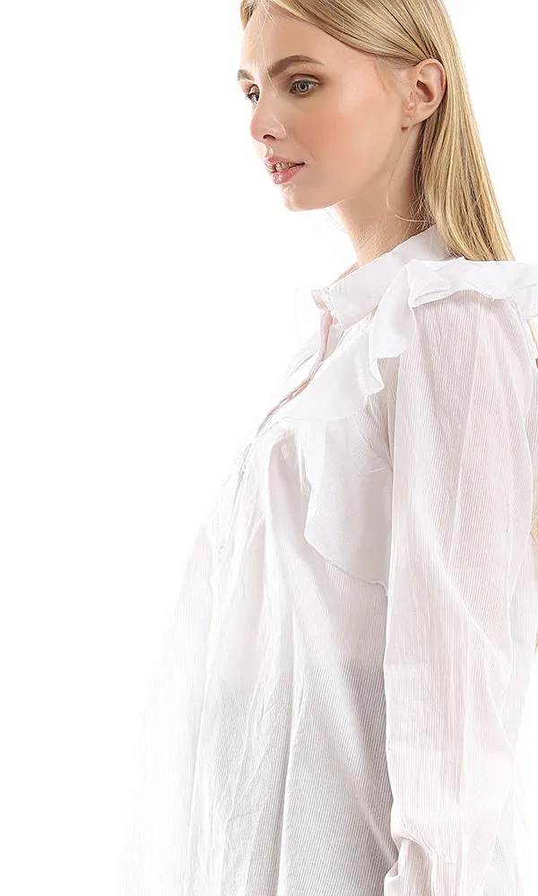 95405 Self Striped & Ruffled Detailed Buttoned White Shirt