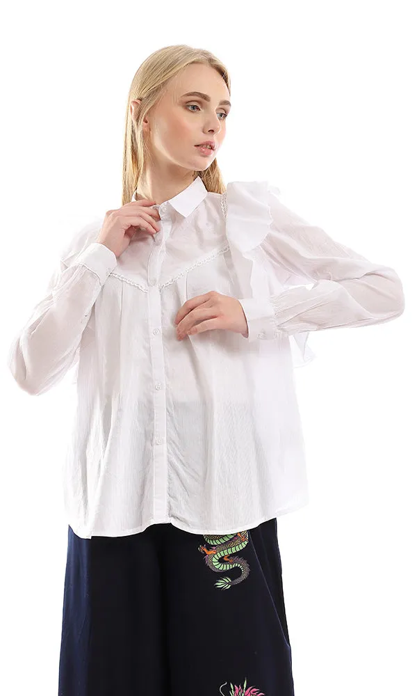 95405 Self Striped & Ruffled Detailed Buttoned White Shirt