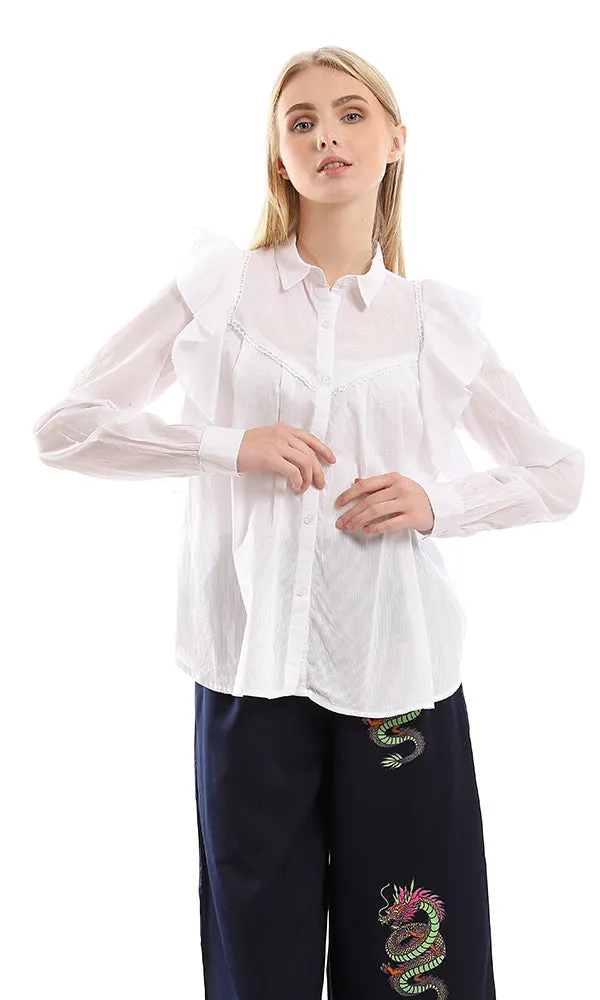 95405 Self Striped & Ruffled Detailed Buttoned White Shirt