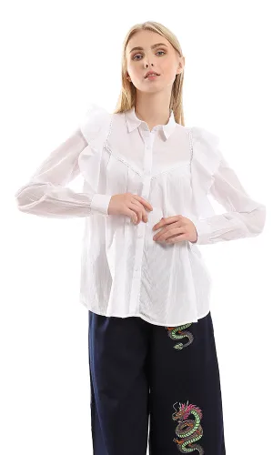 95405 Self Striped & Ruffled Detailed Buttoned White Shirt