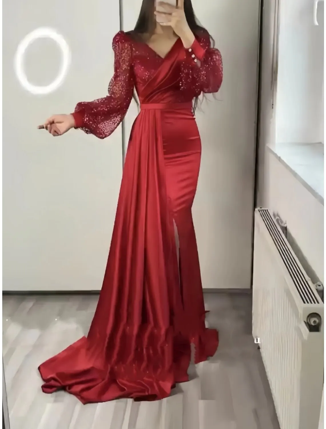 A-Line Evening Gown Elegant Dress Formal Fall Court Train Long Sleeve V Neck Satin with Glitter Pleats