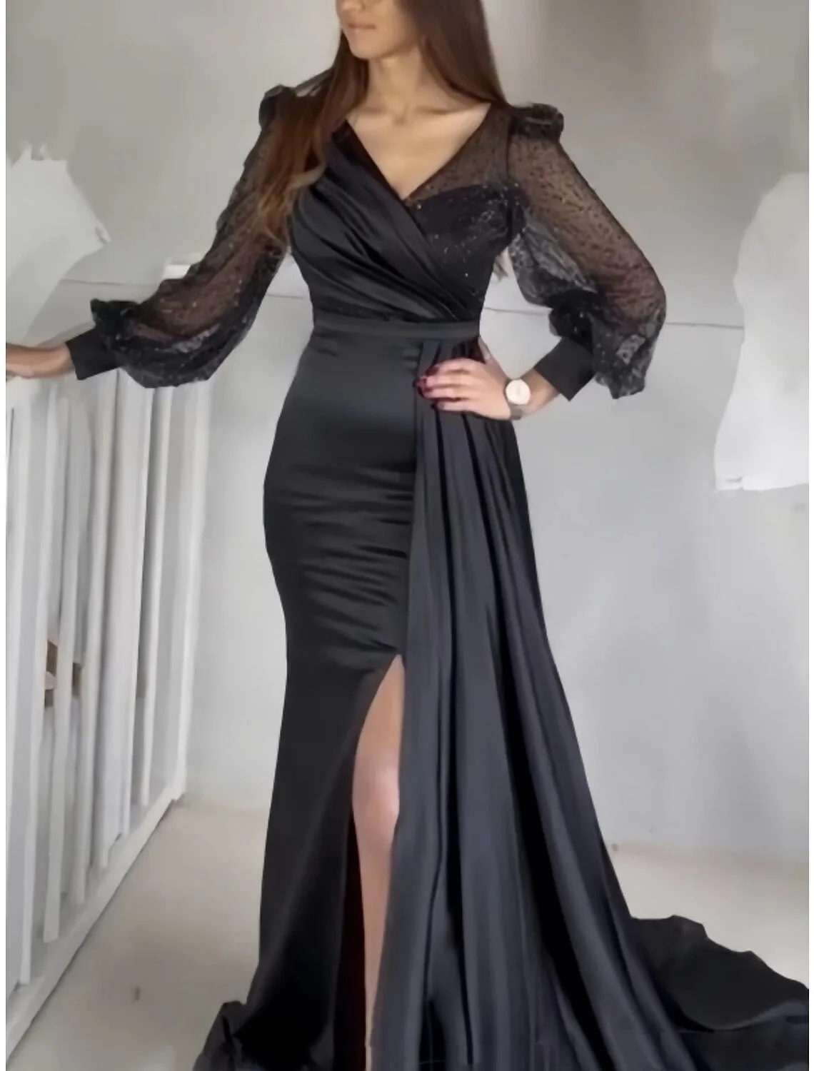 A-Line Evening Gown Elegant Dress Formal Fall Court Train Long Sleeve V Neck Satin with Glitter Pleats