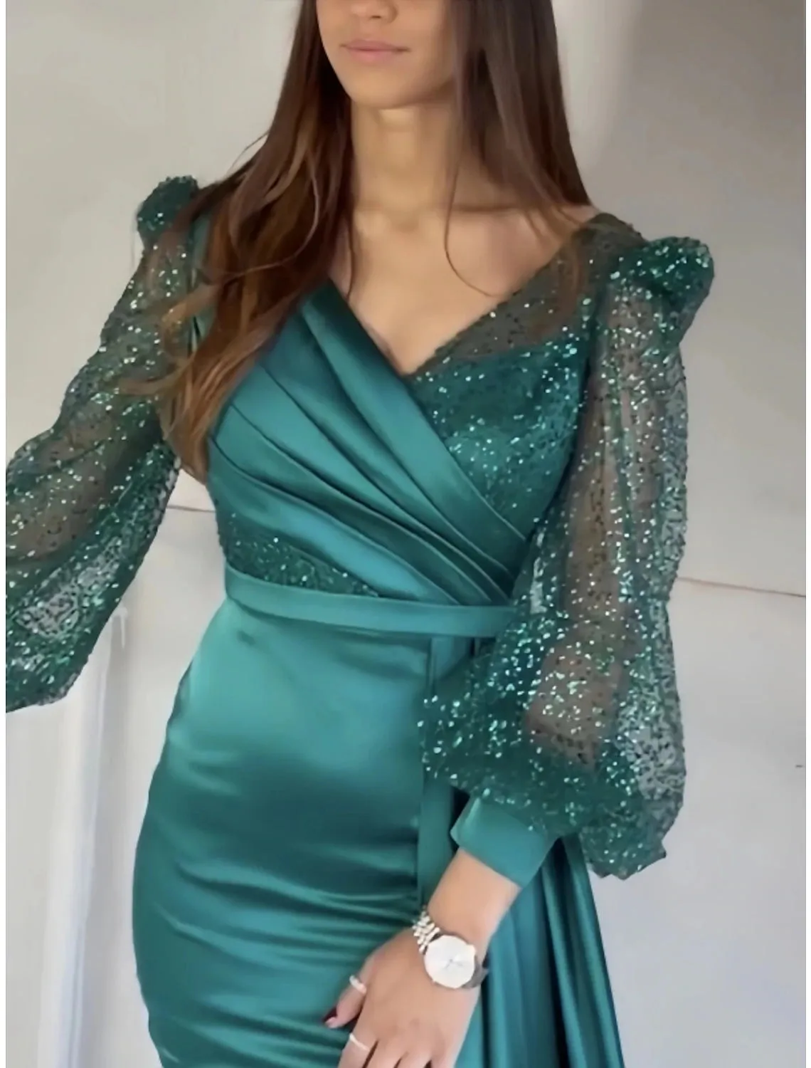 A-Line Evening Gown Elegant Dress Formal Fall Court Train Long Sleeve V Neck Satin with Glitter Pleats