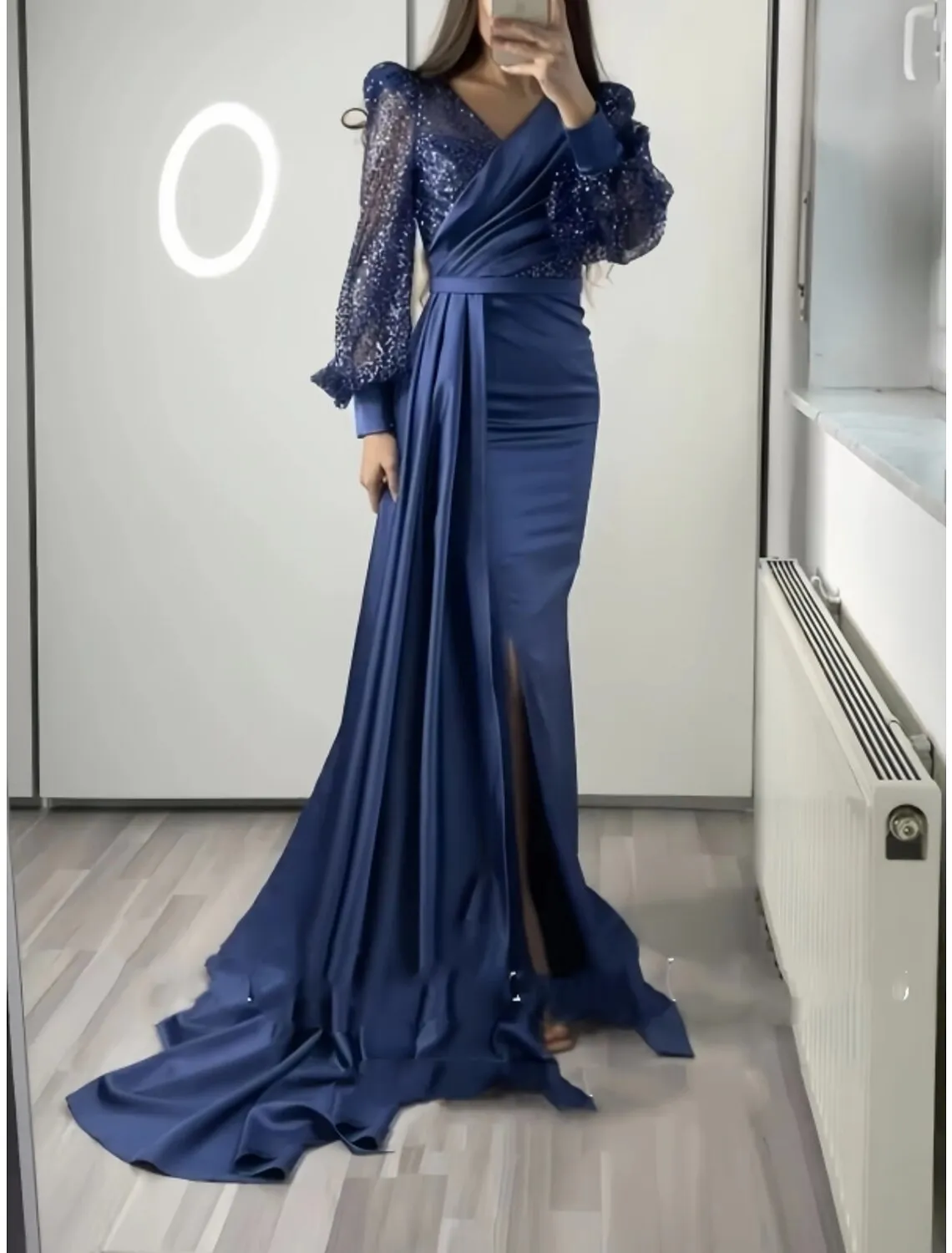 A-Line Evening Gown Elegant Dress Formal Fall Court Train Long Sleeve V Neck Satin with Glitter Pleats