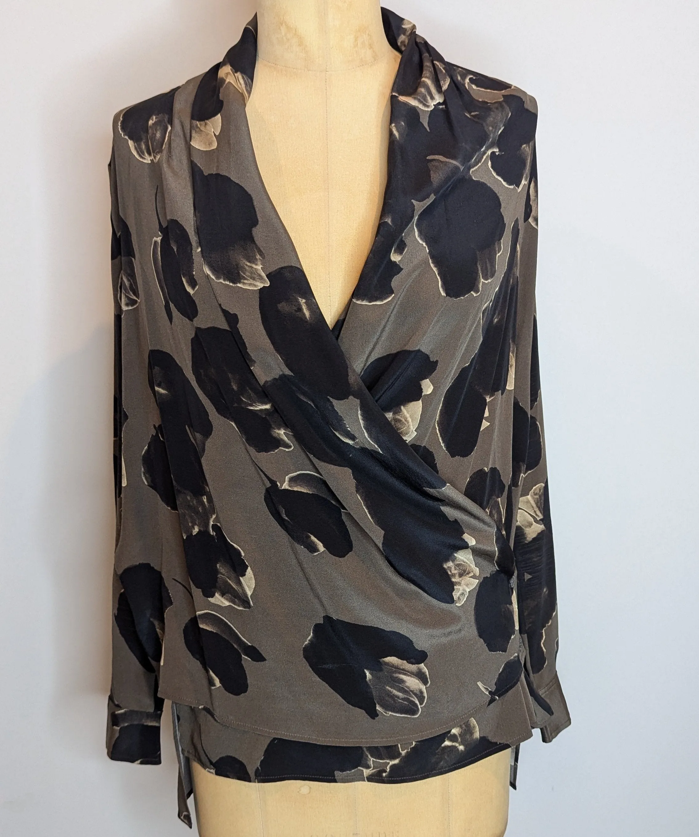 AllSaints Crossover Wrap Front Silk Pattern Blouse Top