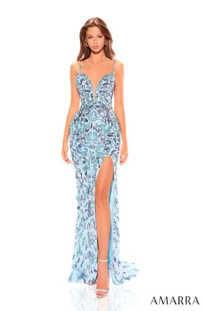 Amarra 94003 Long Prom Dress Fitted Plunging V Satin Sequin Spaghetti Straps High Slit Formal Pageant Gown
