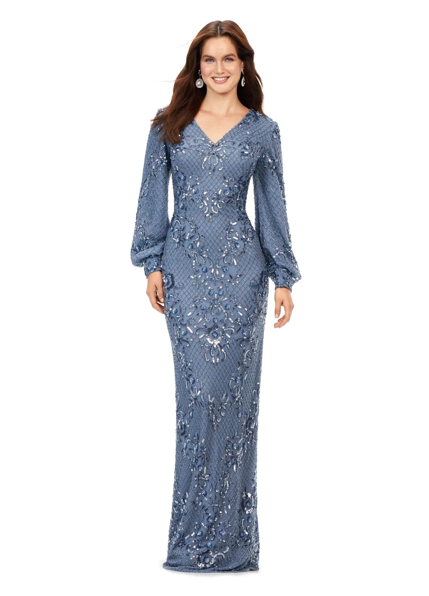 Ashley Lauren 11193 Long Evening Gown Beaded V-Neck Dress With Bishop Sleeves Fully Sequin Formal Dress