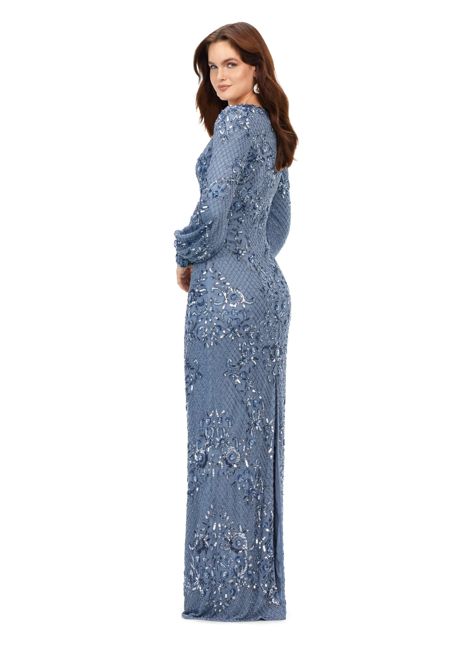 Ashley Lauren 11193 Long Evening Gown Beaded V-Neck Dress With Bishop Sleeves Fully Sequin Formal Dress