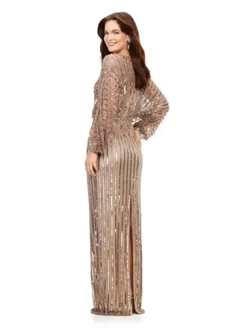 Ashley Lauren 11302 Dolman Sleeve V-Neck Fully Hand Beaded Floral Pattern Waistline Gown Formal Prom