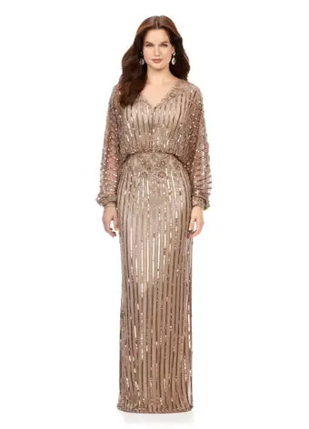 Ashley Lauren 11302 Dolman Sleeve V-Neck Fully Hand Beaded Floral Pattern Waistline Gown Formal Prom