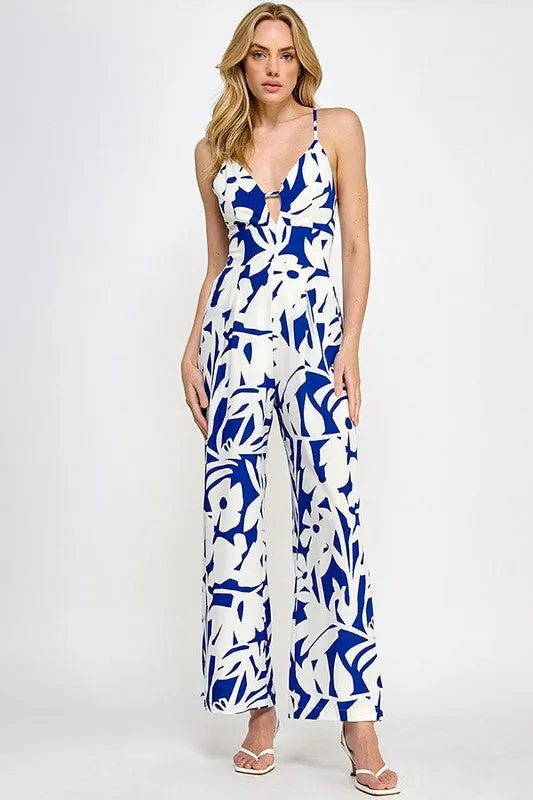 Blue Floral Print Wide Leg Jumpsuit