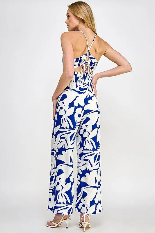 Blue Floral Print Wide Leg Jumpsuit