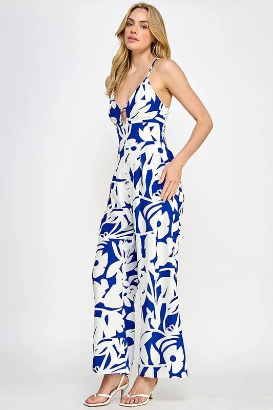 Blue Floral Print Wide Leg Jumpsuit