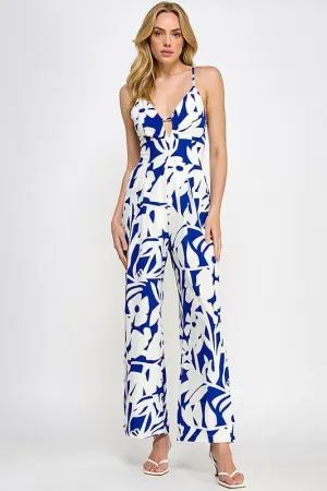 Blue Floral Print Wide Leg Jumpsuit