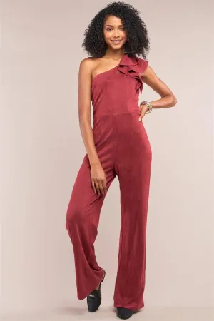 Burgundy Suede Sleeveless One-Shoulder Ruffle Detail Fitted Wide Leg Jumpsuit /1-2-2-1