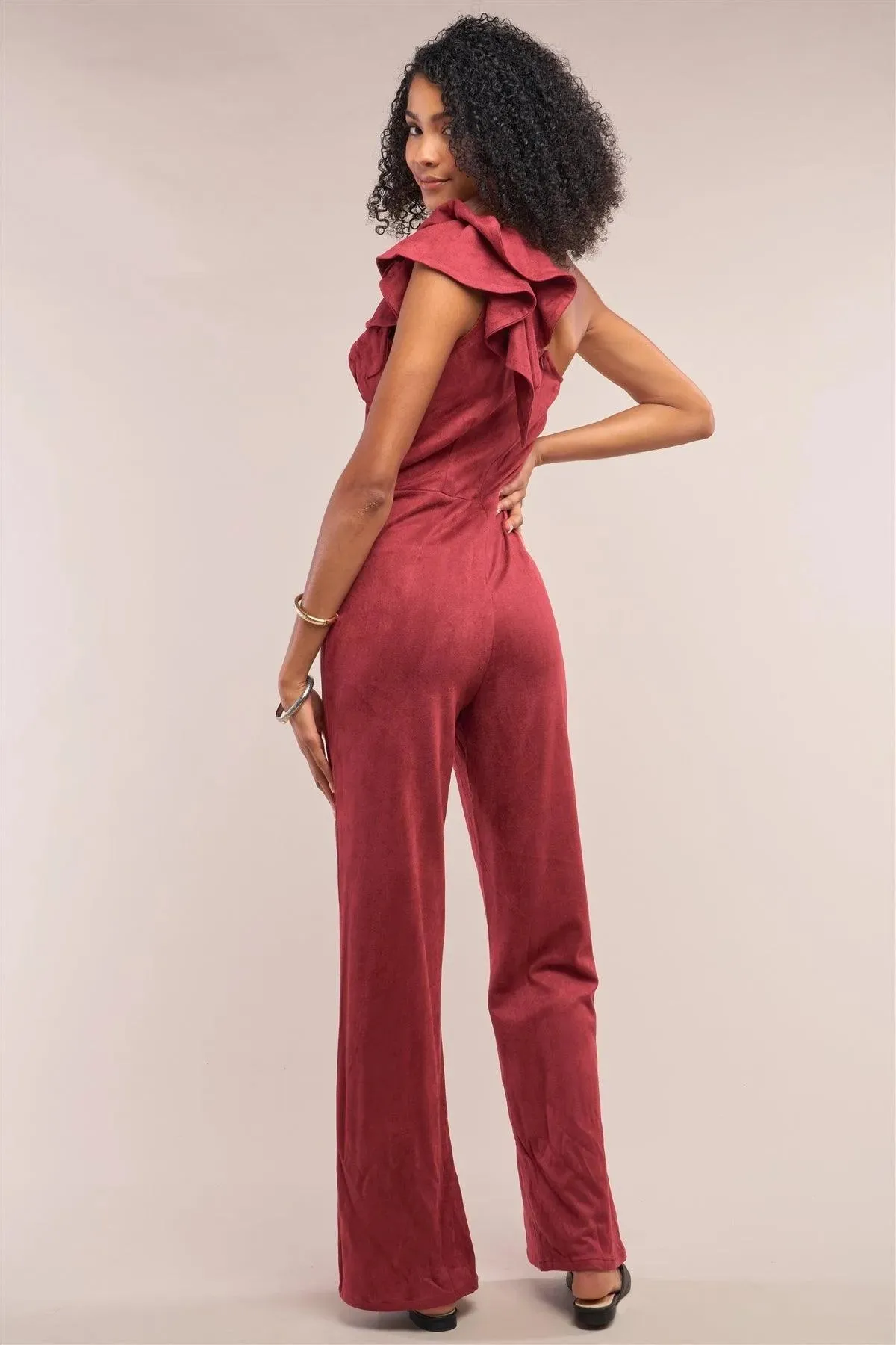 Burgundy Suede Sleeveless One-Shoulder Ruffle Detail Fitted Wide Leg Jumpsuit /1-2-2-1