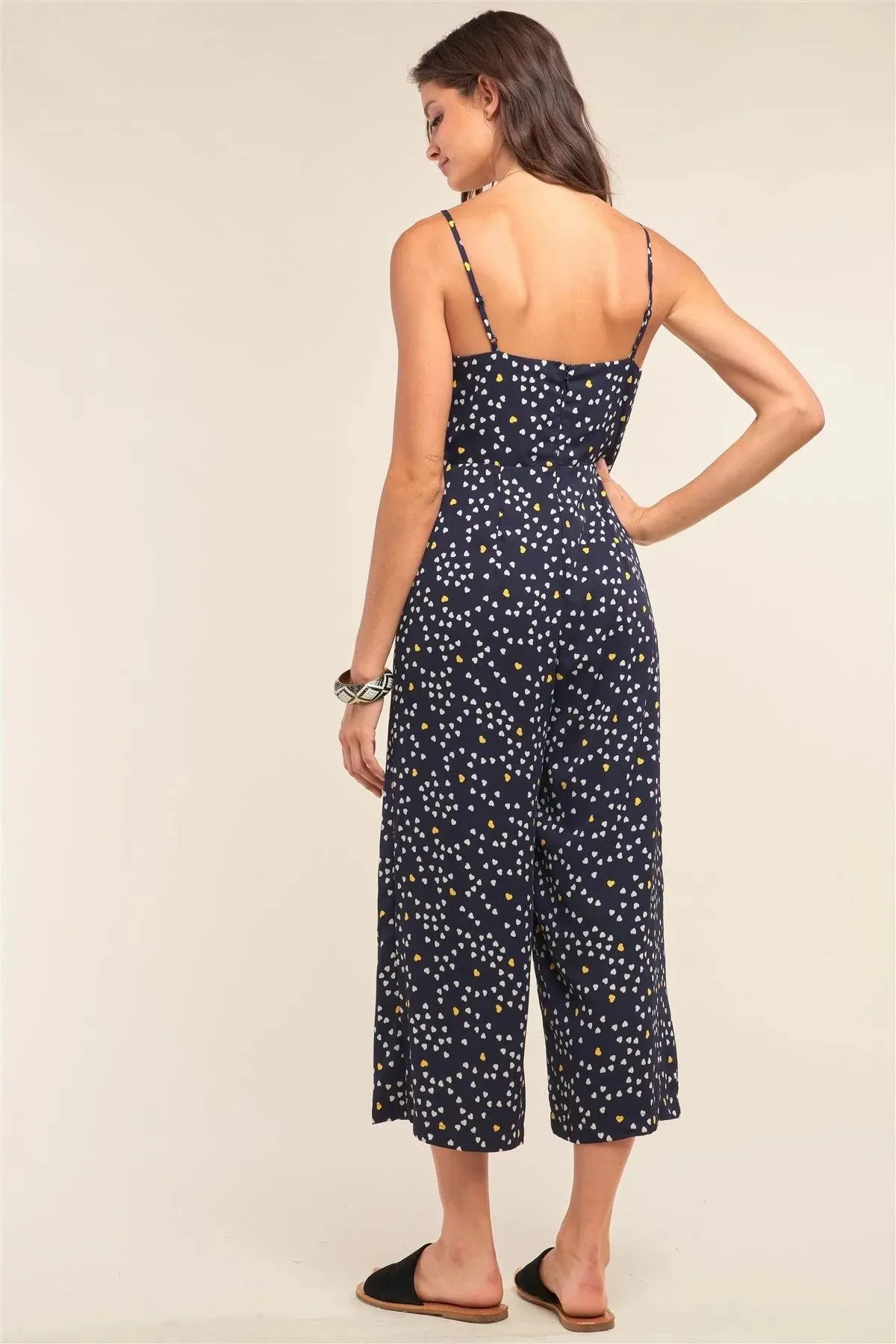 Collecting Hearts Navy Heart Print Sleeveless V-Neck Gathered Chest Draw String Tie Detail Wide Leg Jumpsuit /2-1-1-2
