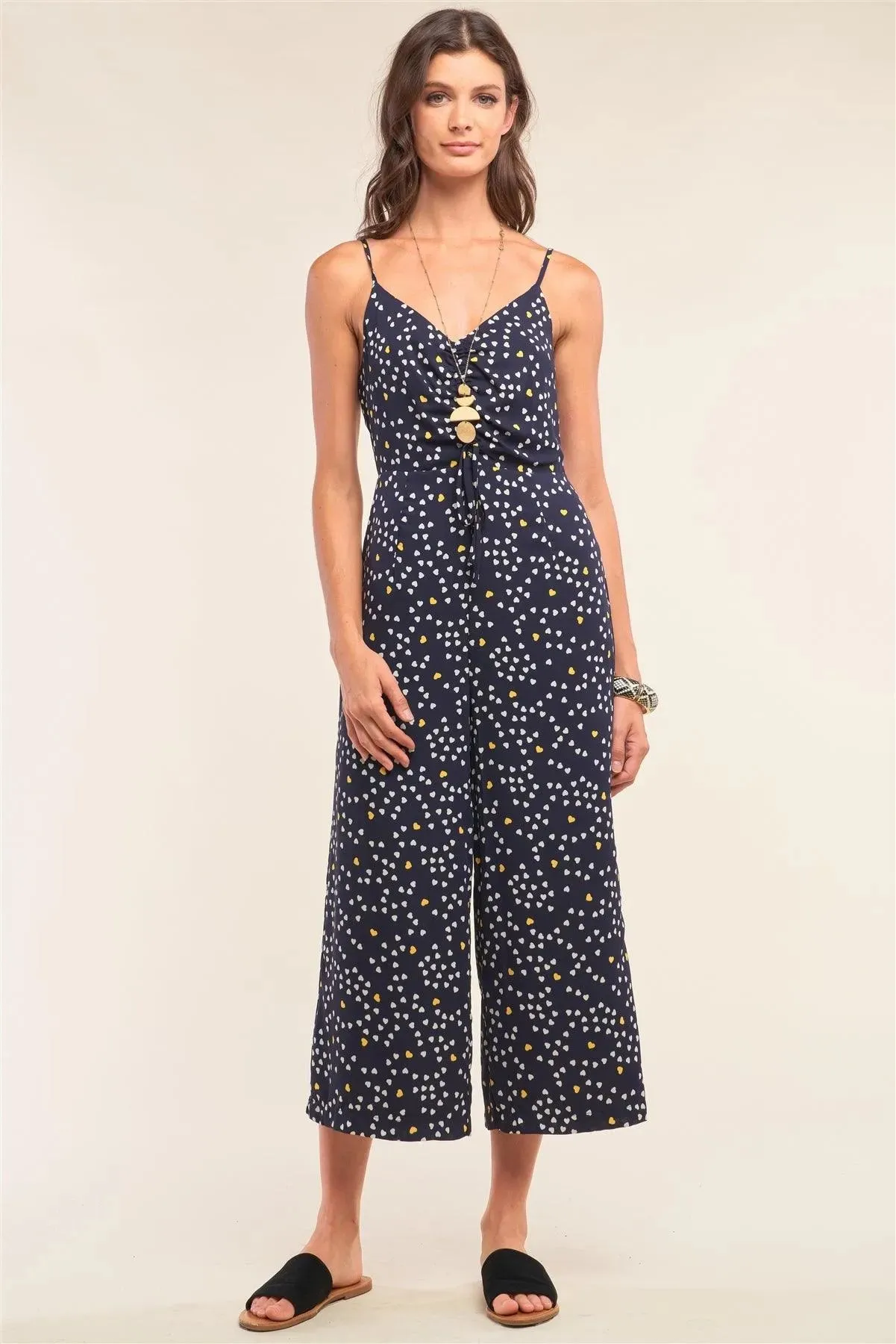 Collecting Hearts Navy Heart Print Sleeveless V-Neck Gathered Chest Draw String Tie Detail Wide Leg Jumpsuit /2-1-1-2