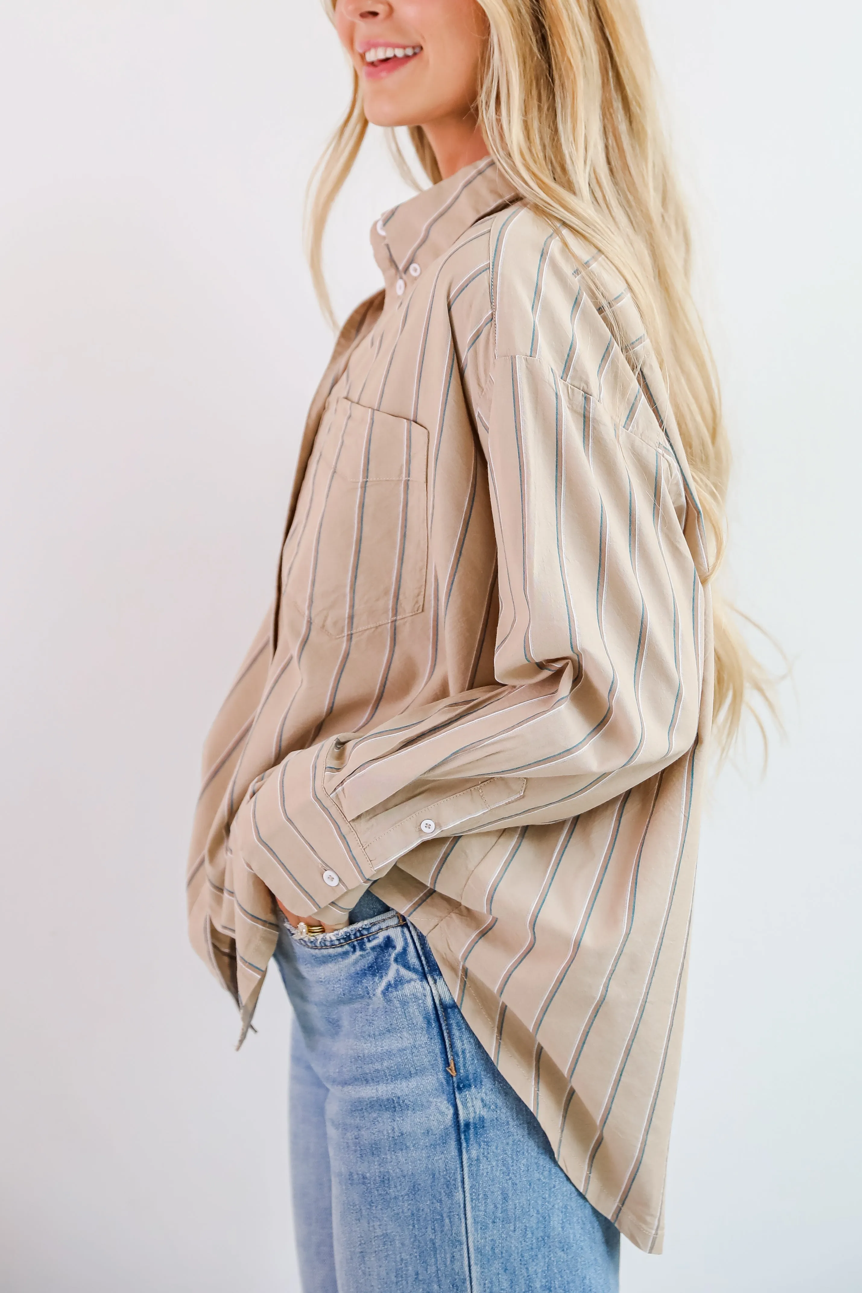 FINAL SALE - Convincingly Chic Taupe Striped Button-Up Blouse