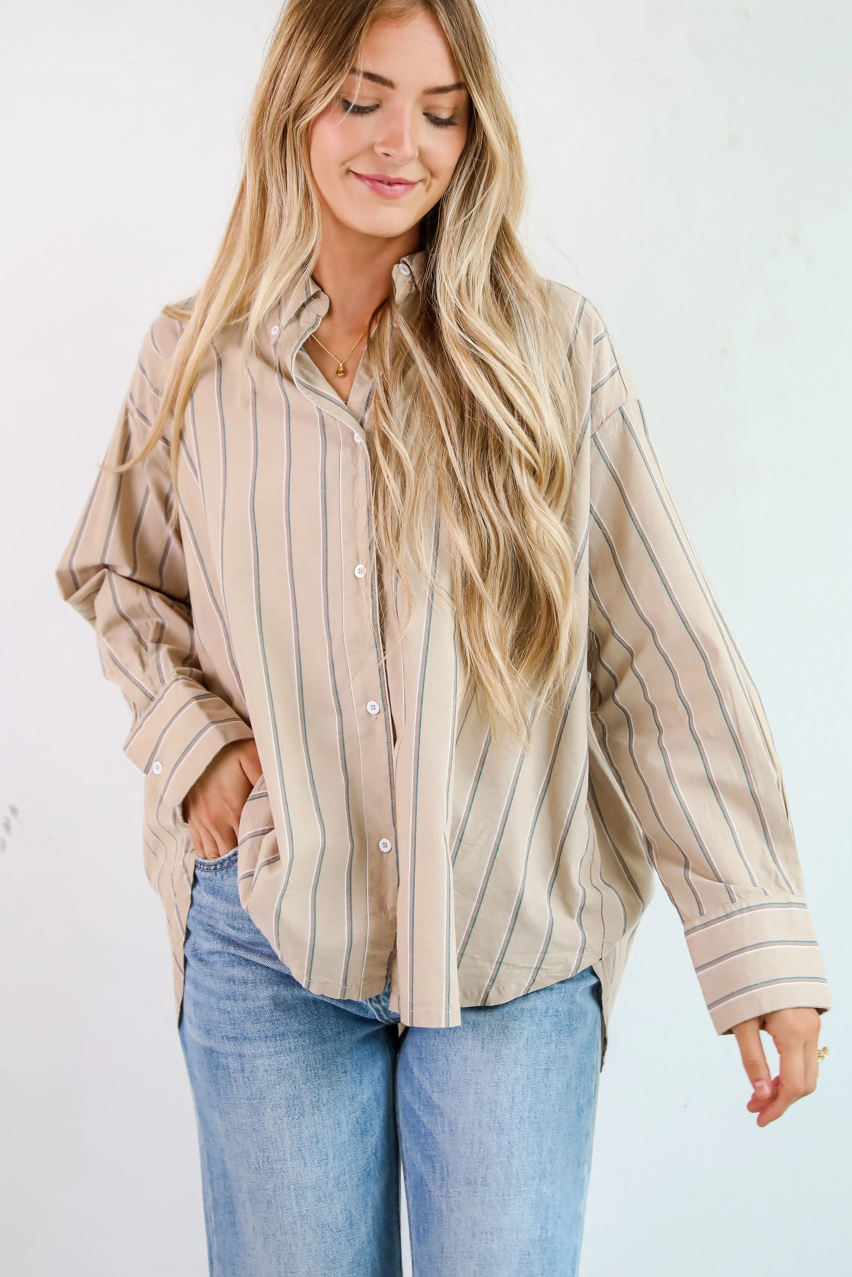 FINAL SALE - Convincingly Chic Taupe Striped Button-Up Blouse