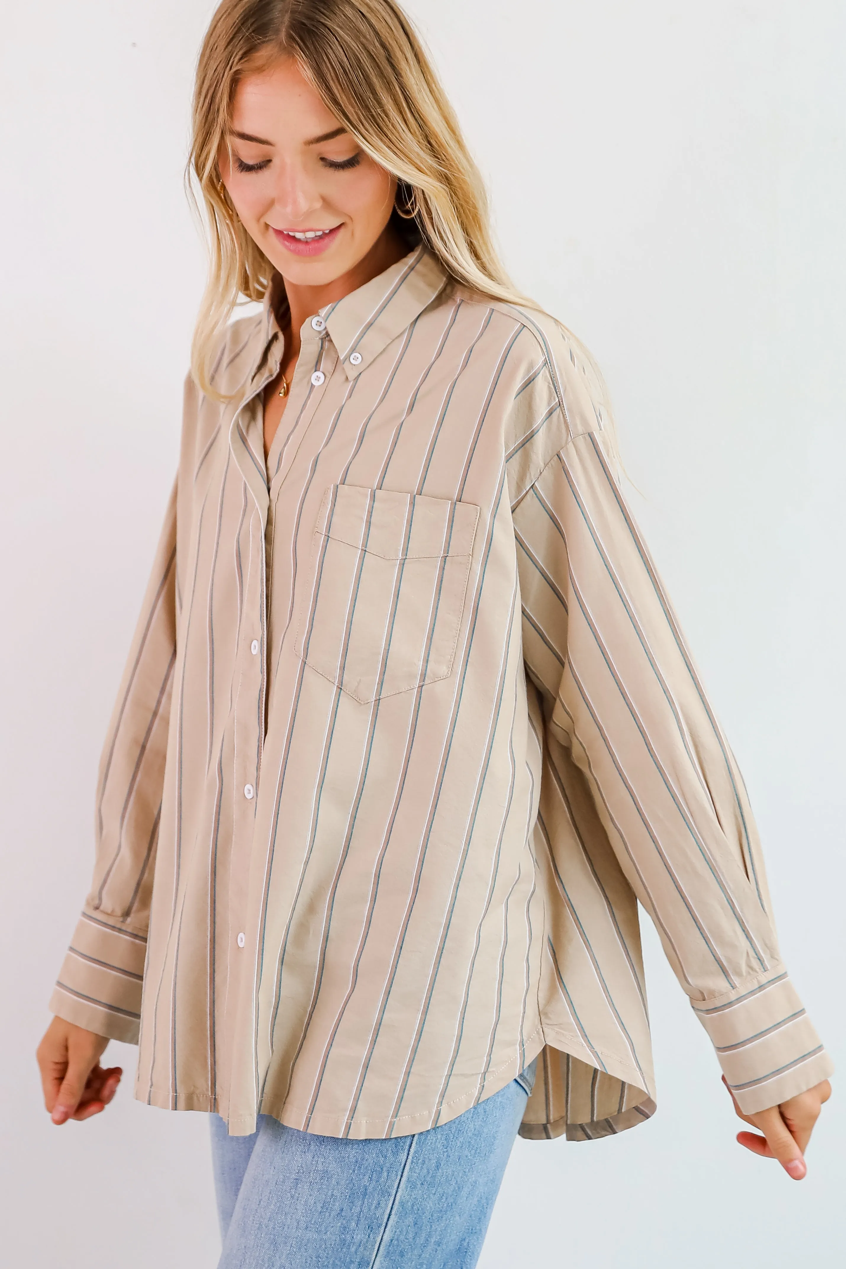 FINAL SALE - Convincingly Chic Taupe Striped Button-Up Blouse