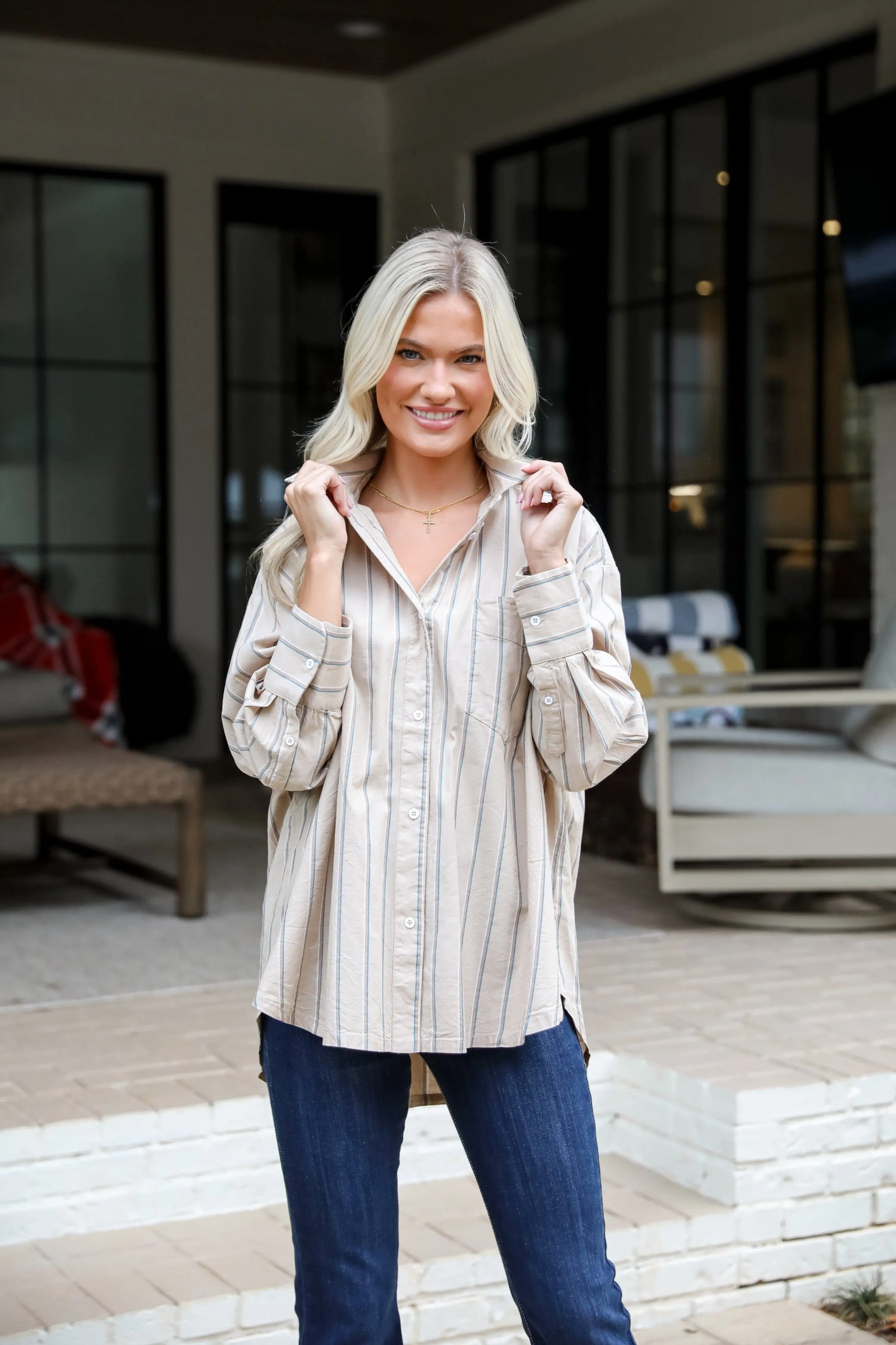 FINAL SALE - Convincingly Chic Taupe Striped Button-Up Blouse