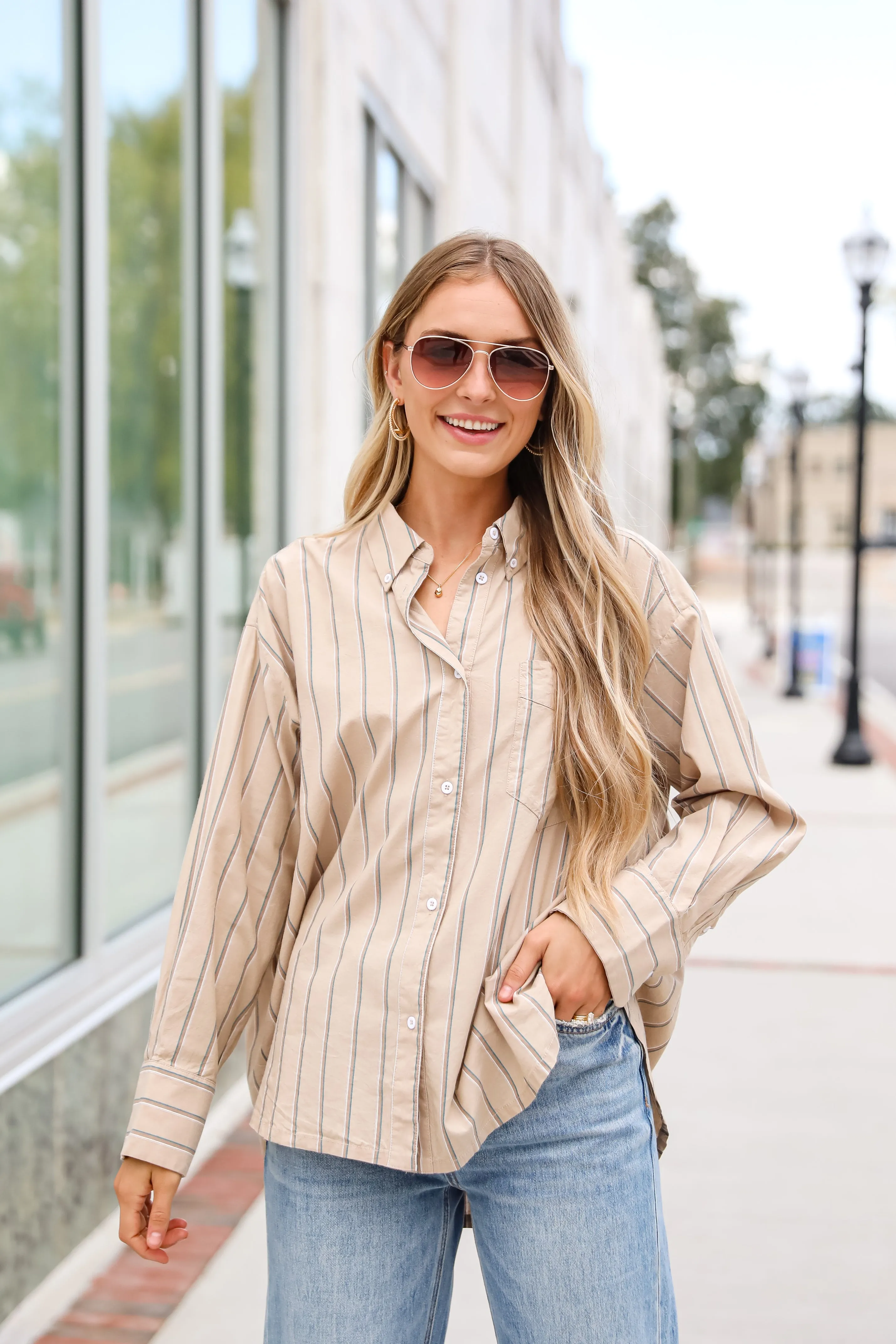 FINAL SALE - Convincingly Chic Taupe Striped Button-Up Blouse