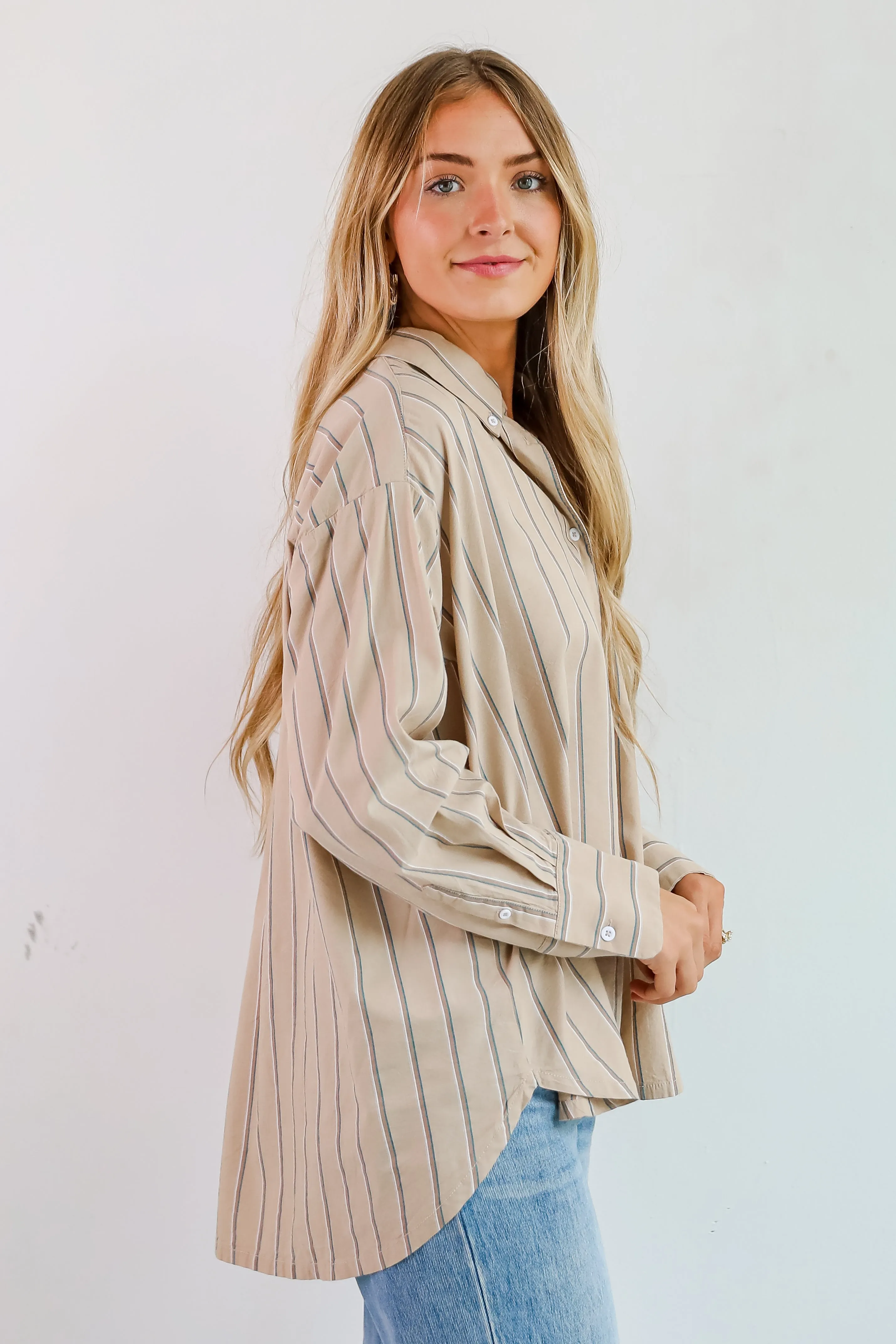 FINAL SALE - Convincingly Chic Taupe Striped Button-Up Blouse