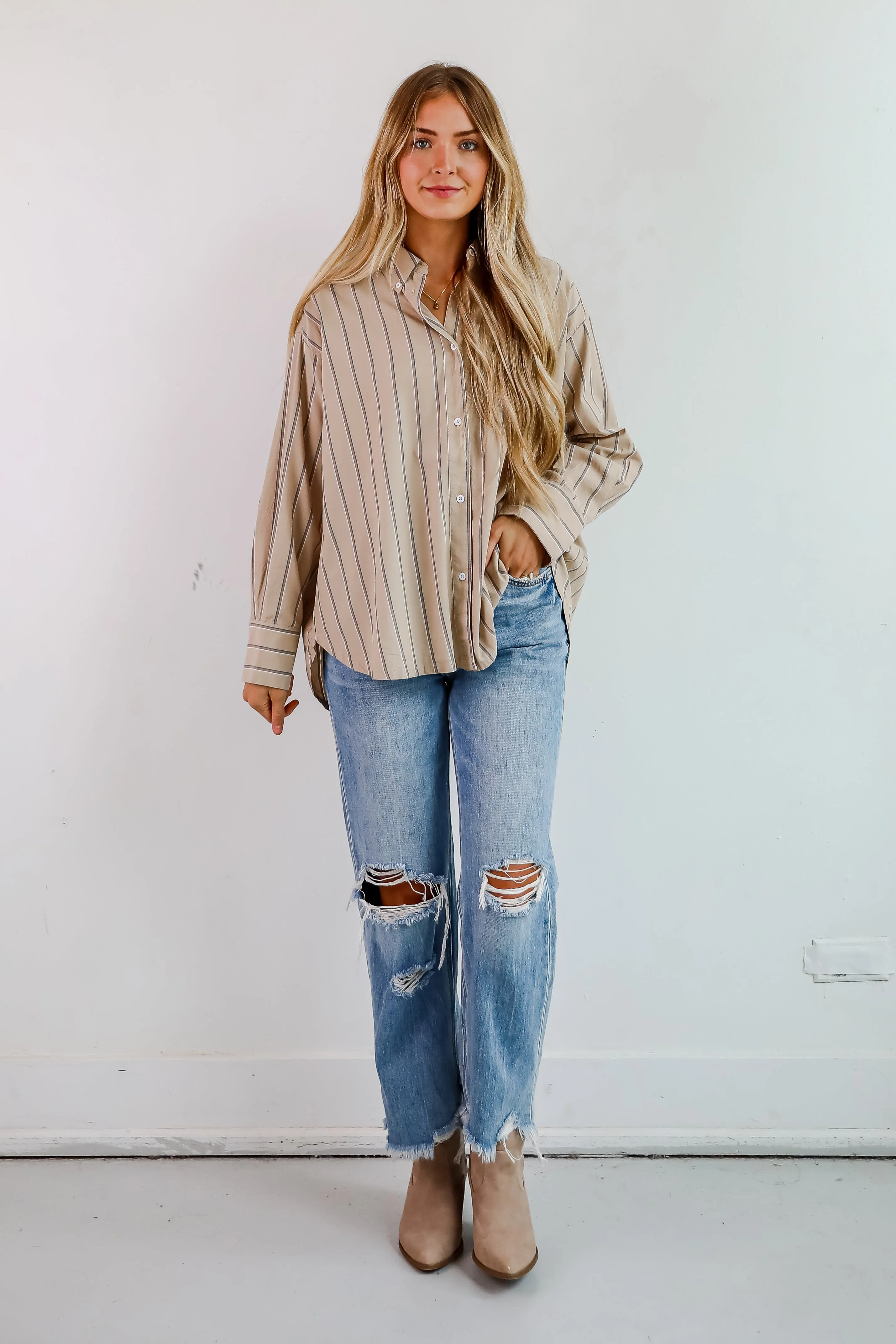 FINAL SALE - Convincingly Chic Taupe Striped Button-Up Blouse