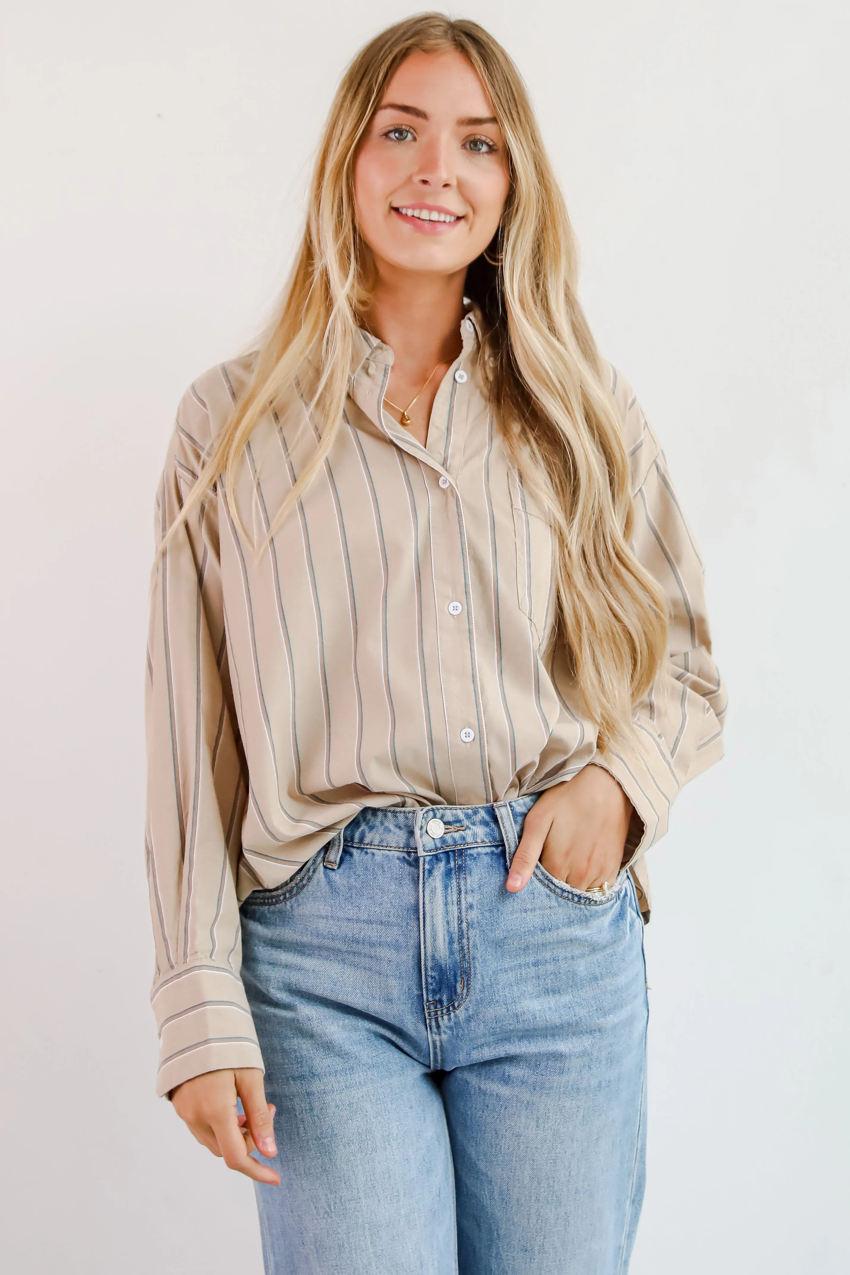 FINAL SALE - Convincingly Chic Taupe Striped Button-Up Blouse