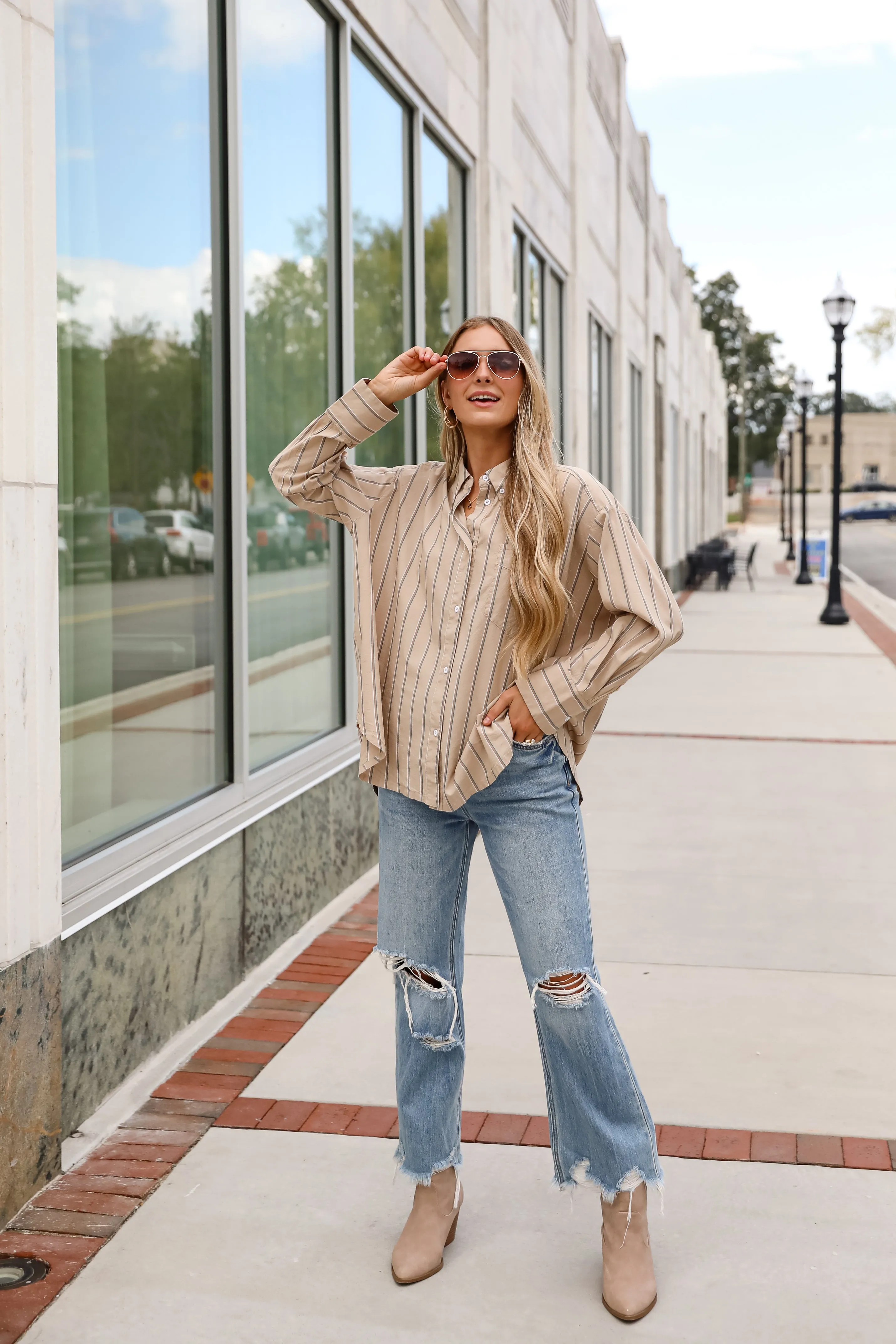 FINAL SALE - Convincingly Chic Taupe Striped Button-Up Blouse