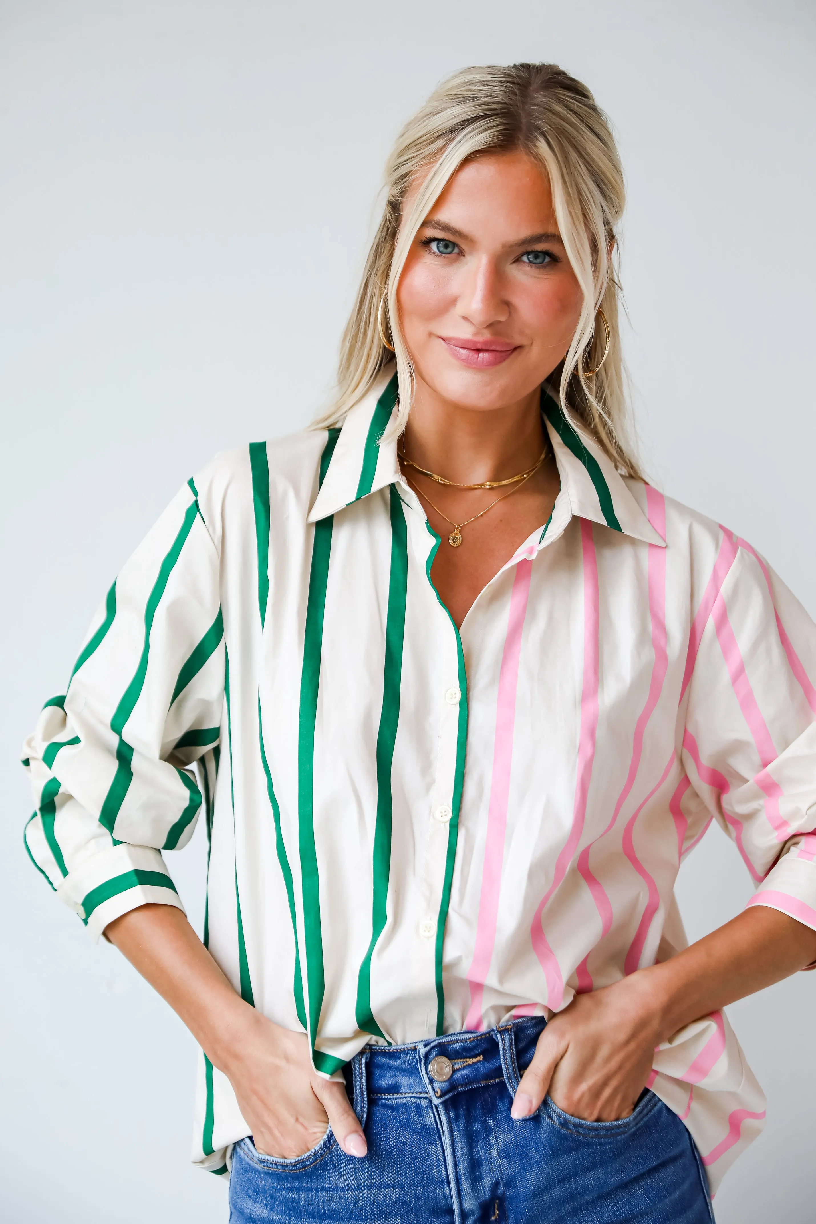 FINAL SALE - Officially Cute Pink Color Block Striped Oversized Button-Up Blouse