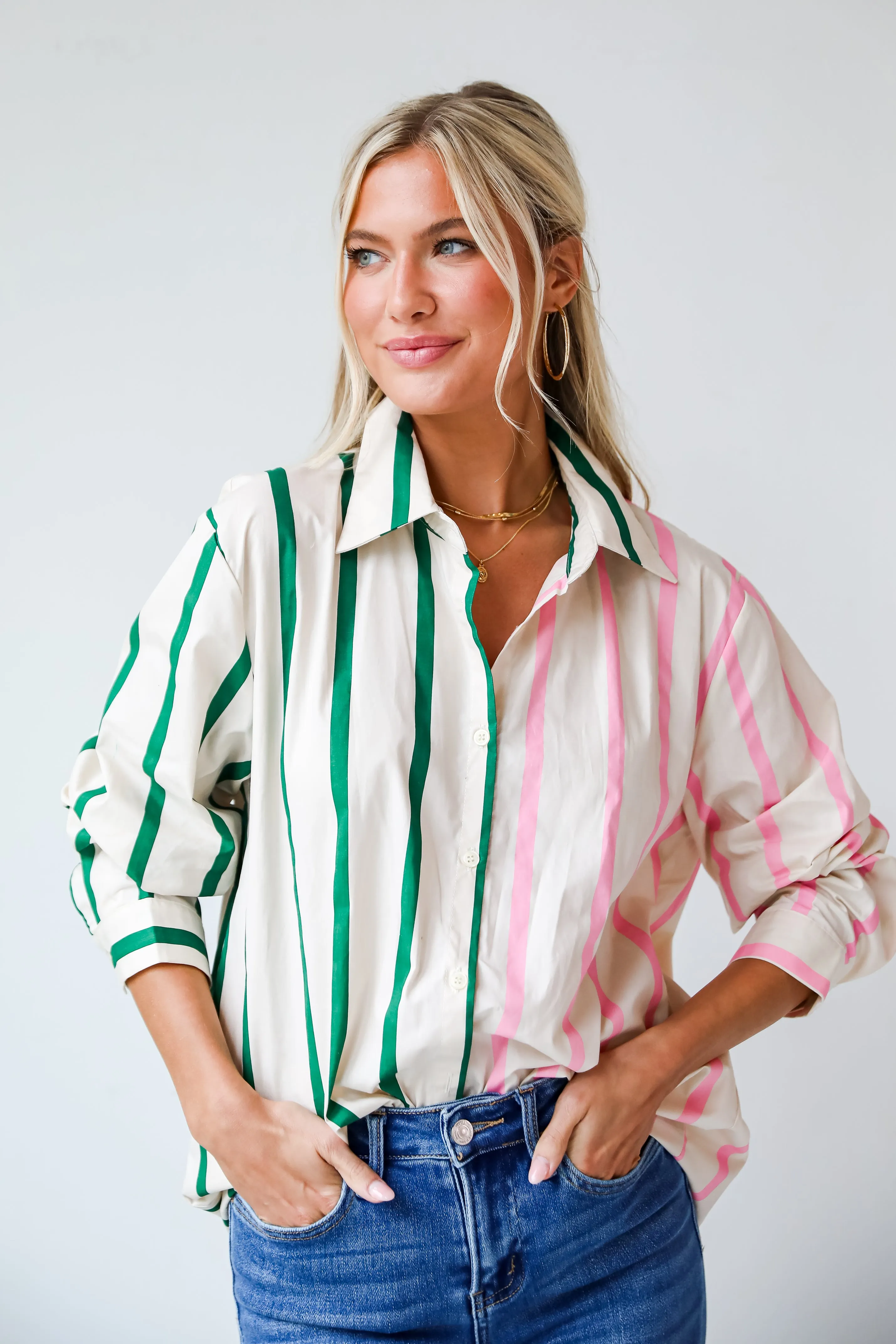 FINAL SALE - Officially Cute Pink Color Block Striped Oversized Button-Up Blouse