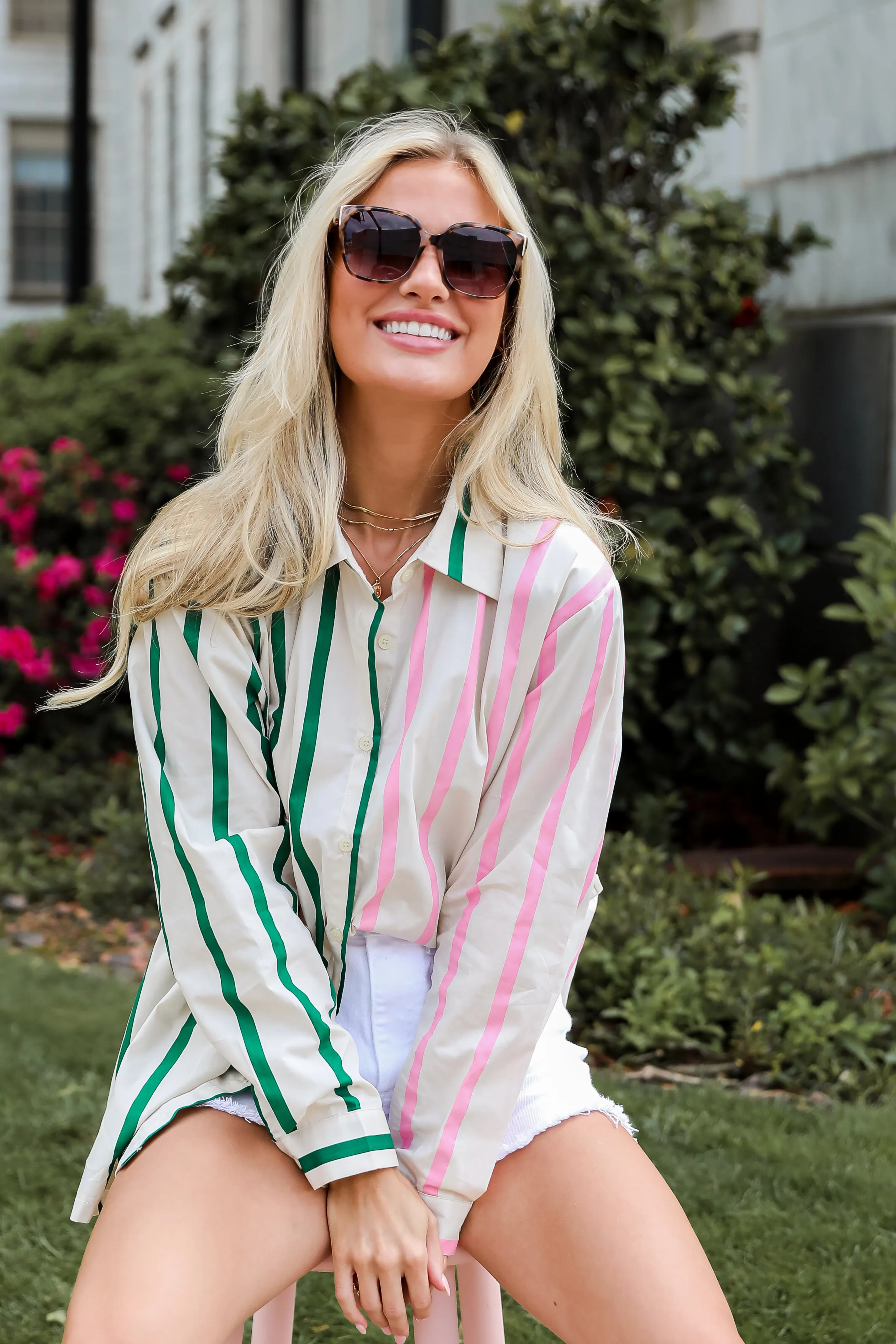 FINAL SALE - Officially Cute Pink Color Block Striped Oversized Button-Up Blouse