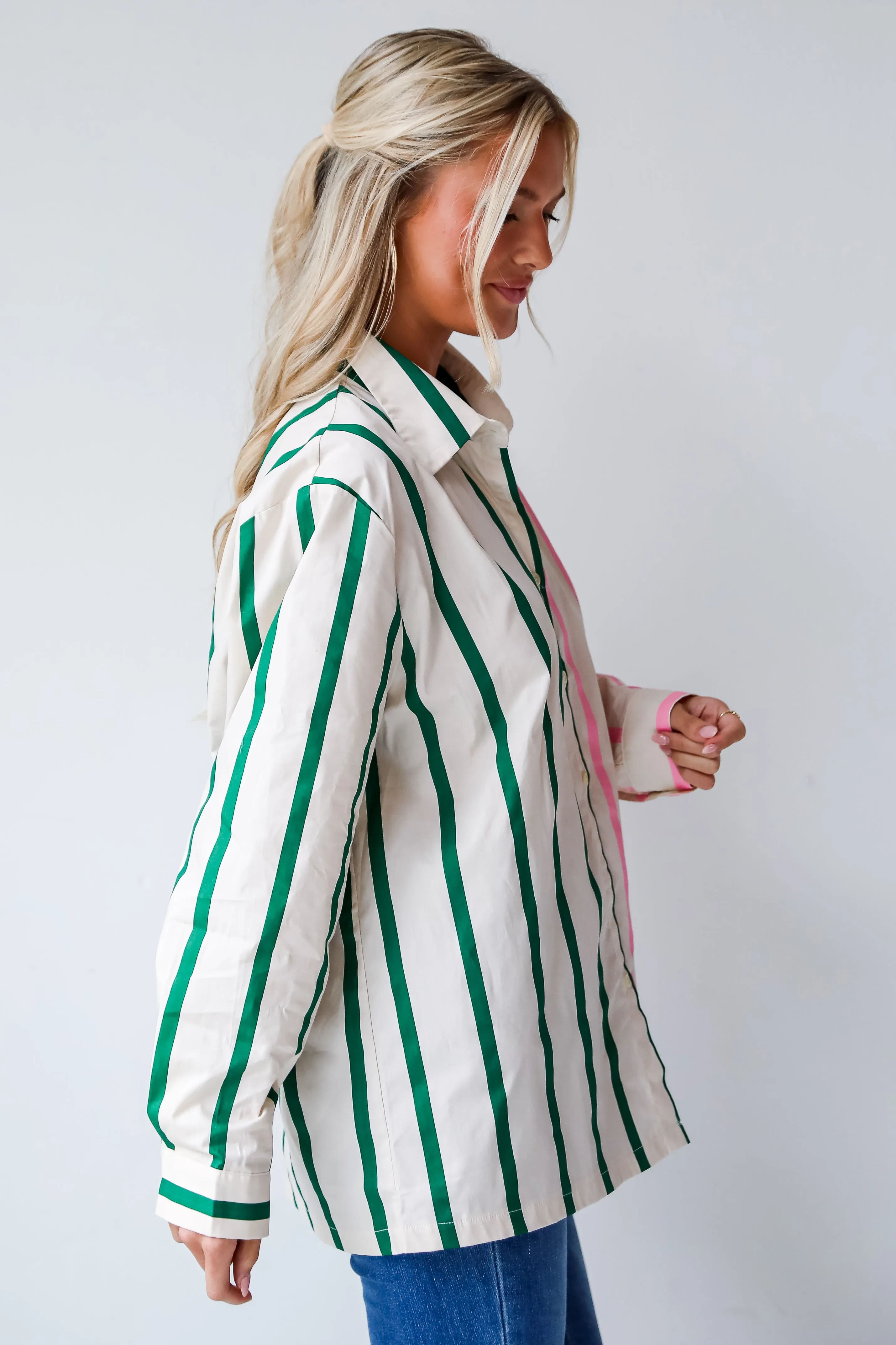 FINAL SALE - Officially Cute Pink Color Block Striped Oversized Button-Up Blouse
