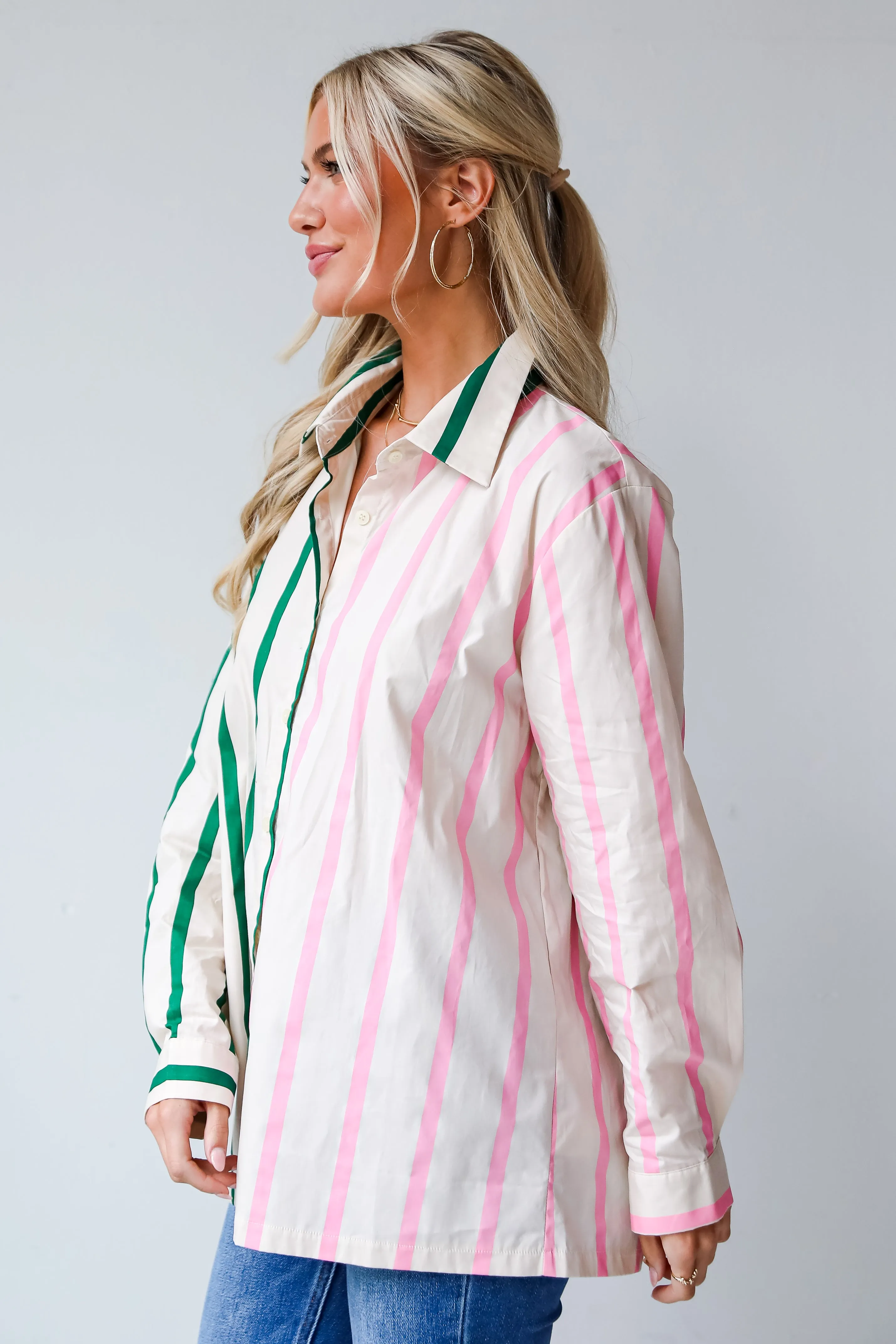 FINAL SALE - Officially Cute Pink Color Block Striped Oversized Button-Up Blouse