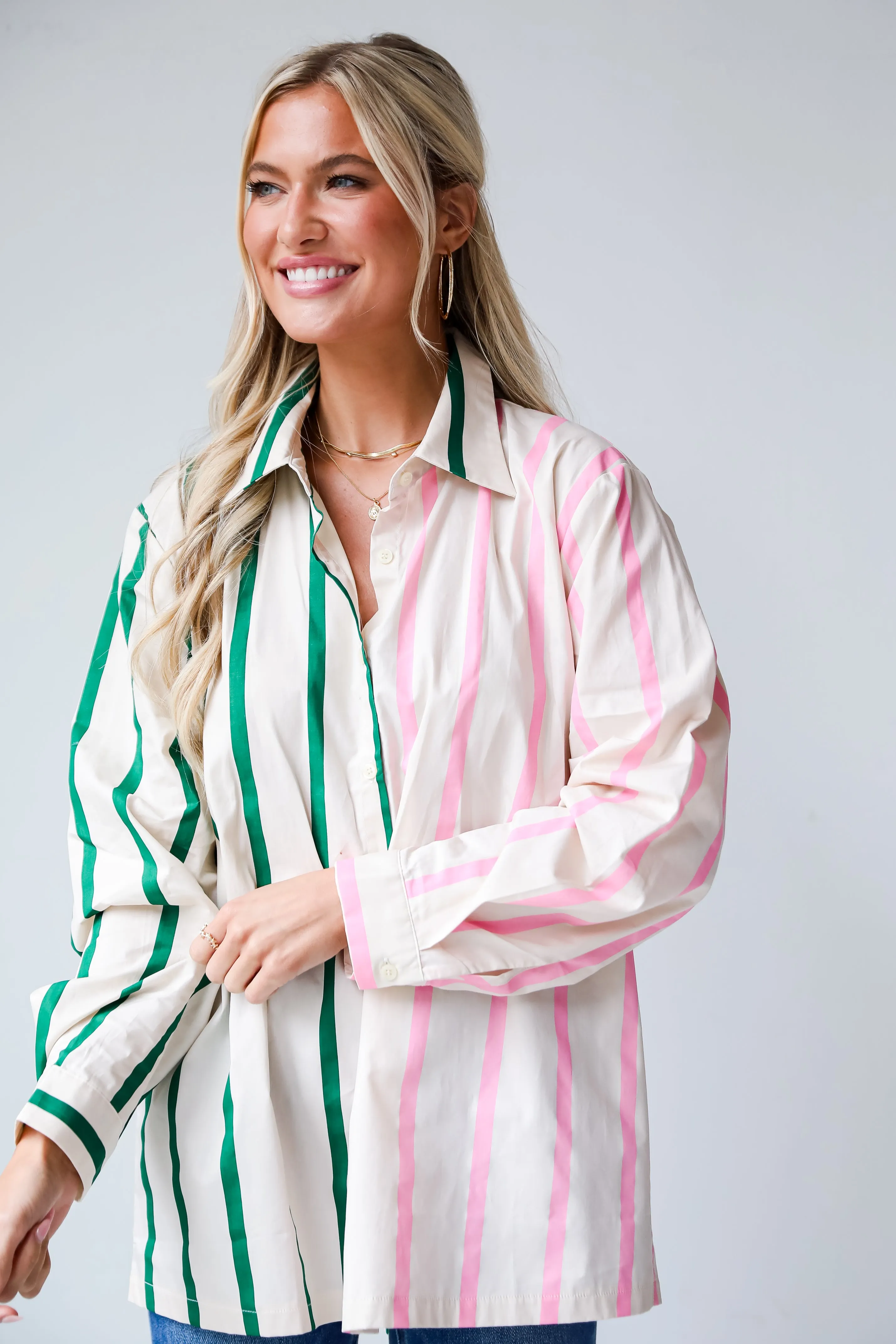 FINAL SALE - Officially Cute Pink Color Block Striped Oversized Button-Up Blouse