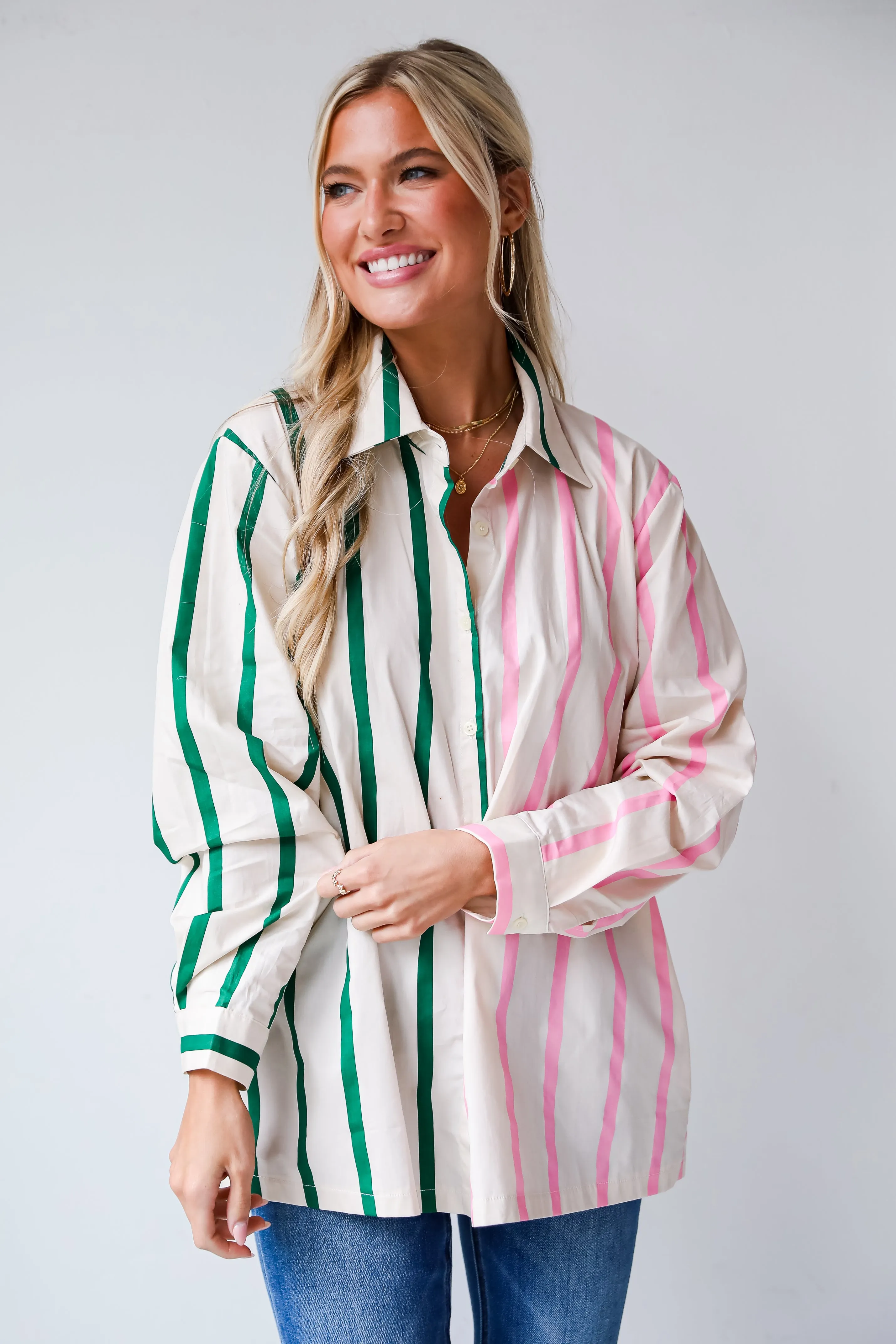 FINAL SALE - Officially Cute Pink Color Block Striped Oversized Button-Up Blouse