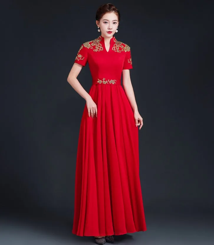 Floral Embroidery Short Sleeve Pleated Skirt Full Length Chinese Prom Dress