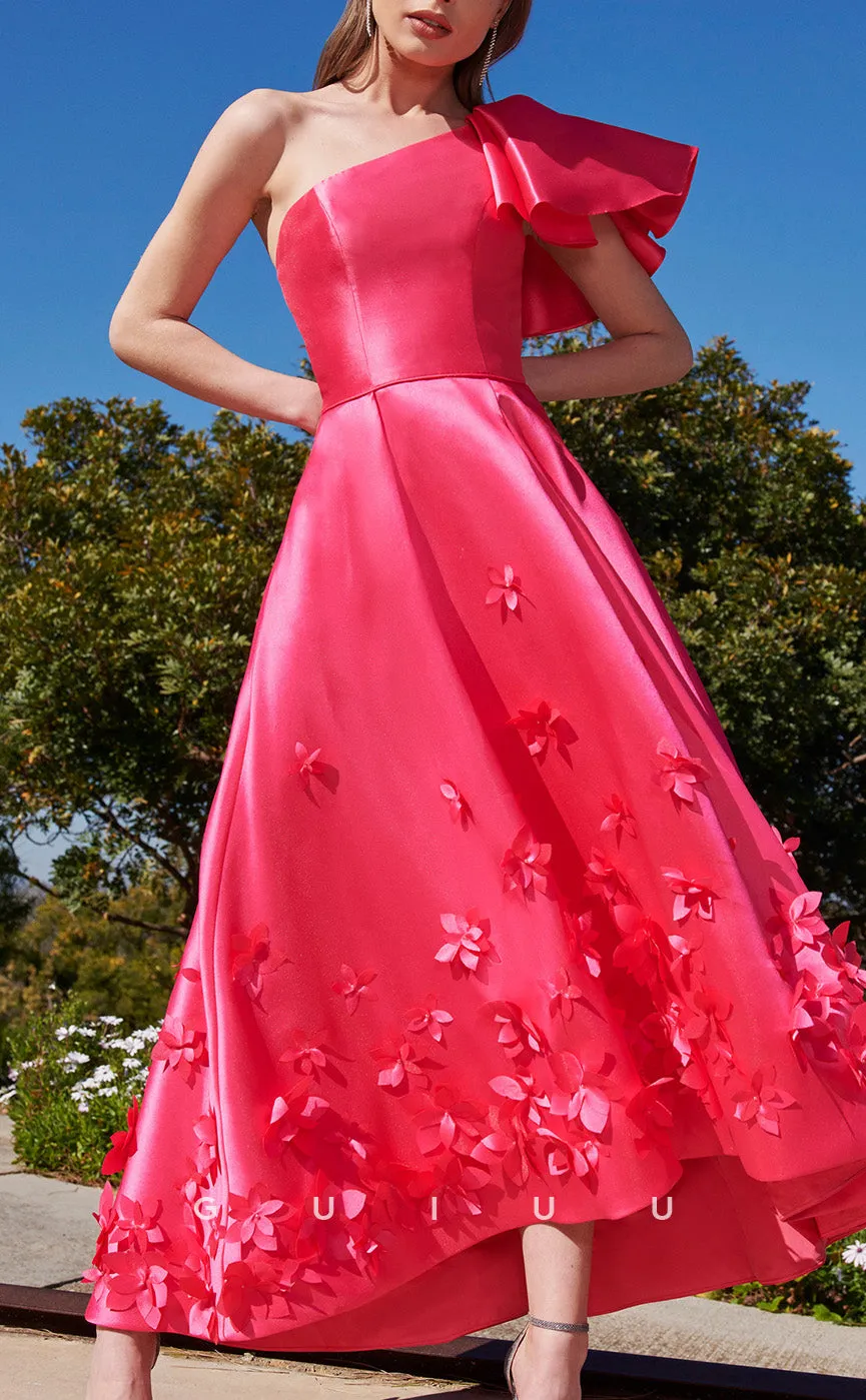 GM294 -  A-Line One Shoulder Sleeveless Satin Tea Length Cocktail Dress with Flowers