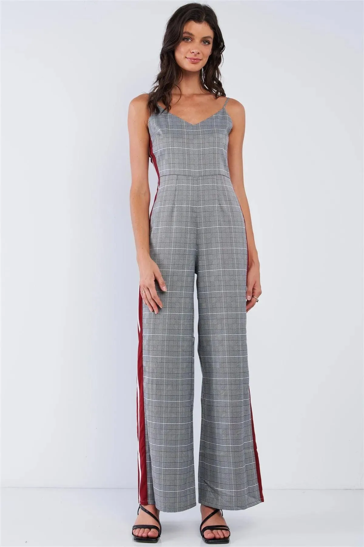 Grey Checkered V-Neck Sleeveless Red&White Accent Side Stripe Wide Leg Jumpsuit /1-2-3