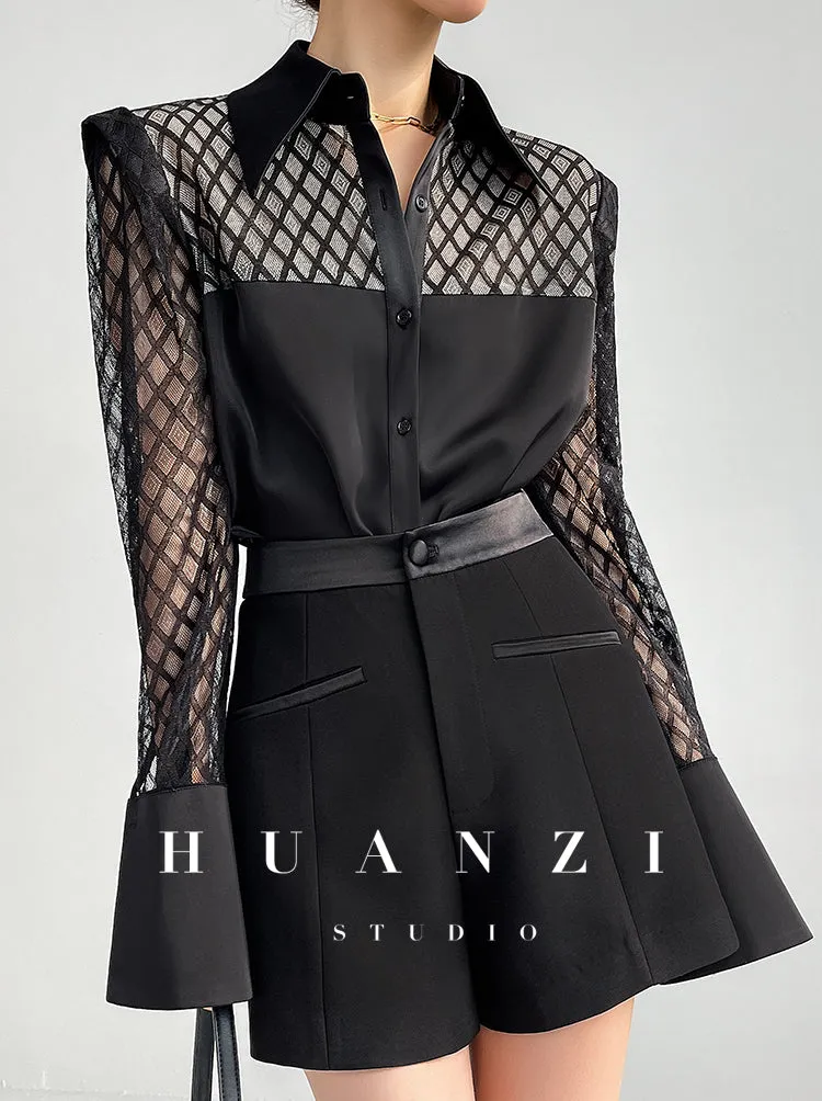 High end new casual black high waist A-line shorts -wonio