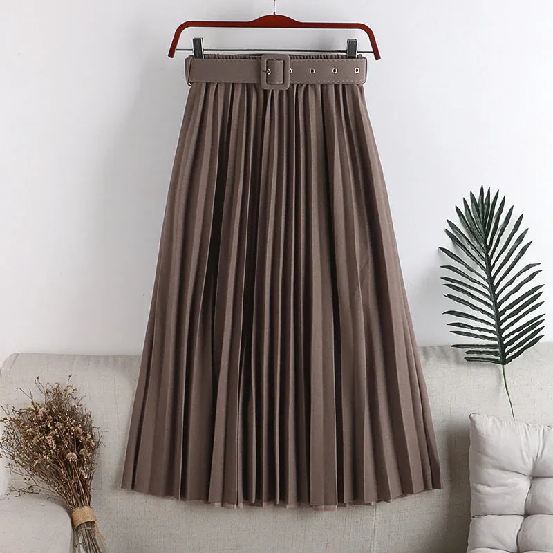 High Waist Belted Elegant Pleated Skirts