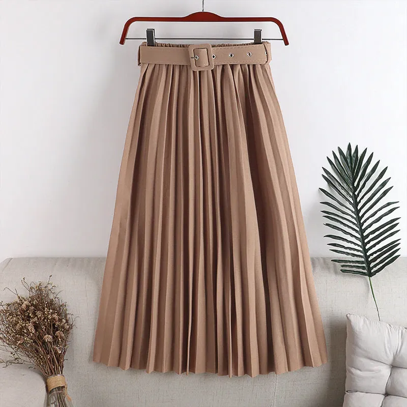High Waist Belted Elegant Pleated Skirts