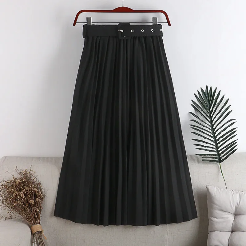 High Waist Belted Elegant Pleated Skirts
