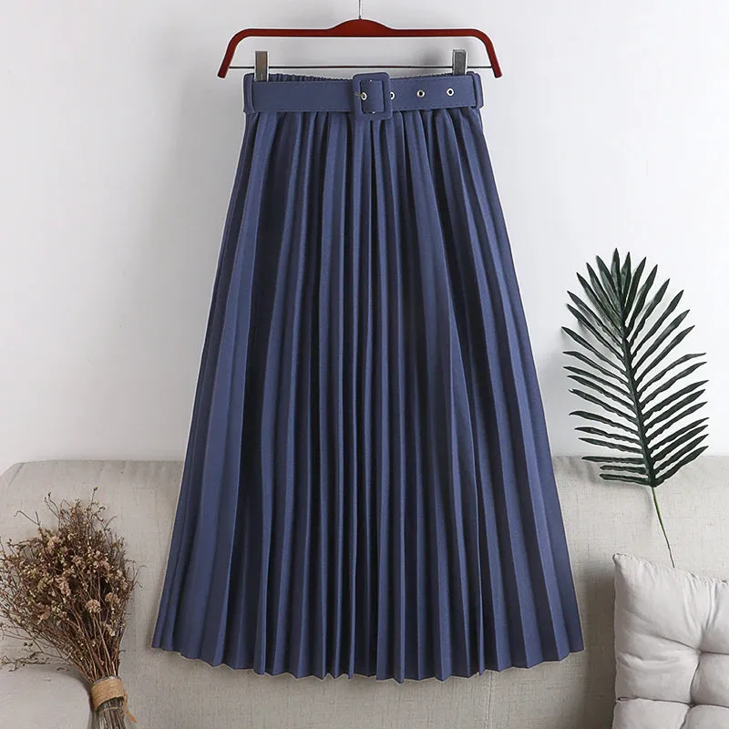 High Waist Belted Elegant Pleated Skirts