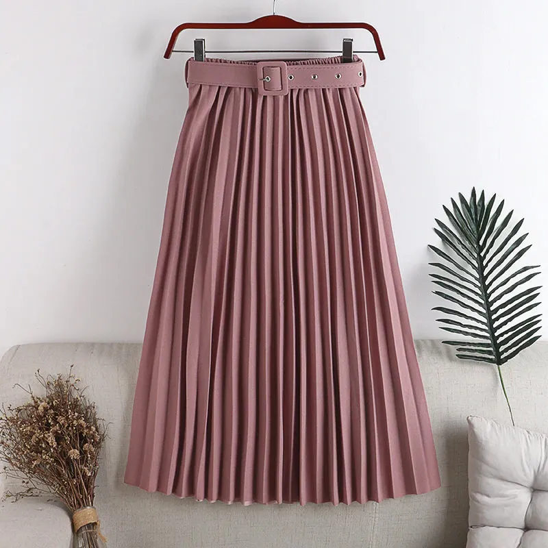 High Waist Belted Elegant Pleated Skirts