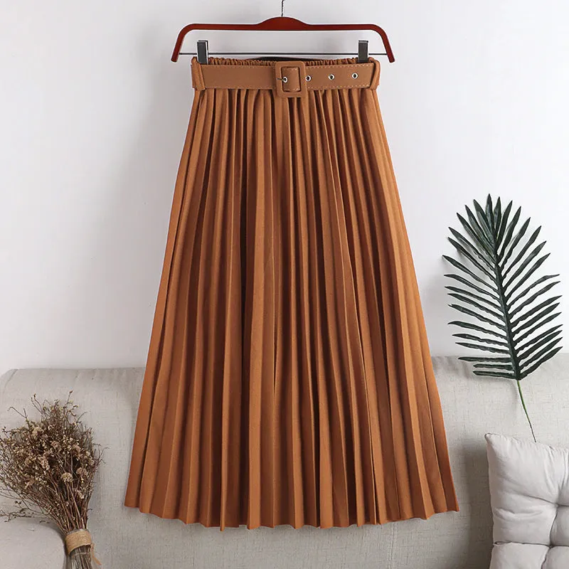 High Waist Belted Elegant Pleated Skirts