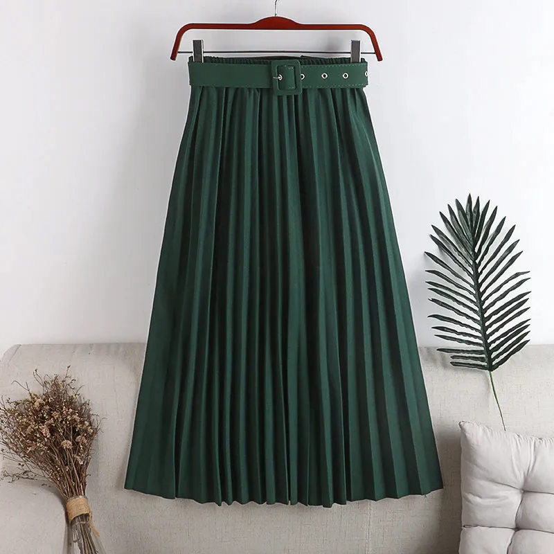 High Waist Belted Elegant Pleated Skirts
