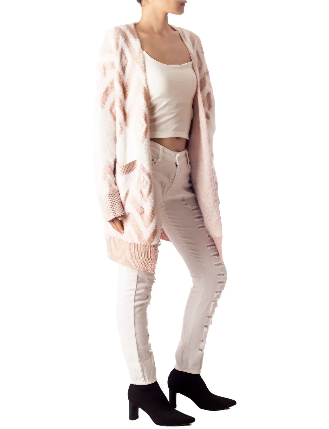 iB-iP Women's Patterned Sweater Loose Oversized Casual Long Sleeve Cardigan